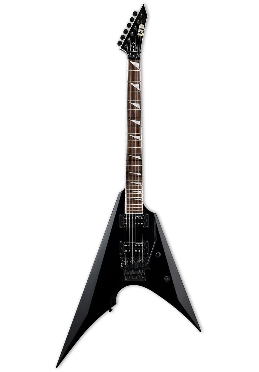 ESP LTD Arrow-200 elgitarr i svart finish med Floyd Rose-tremolo och dubbla humbucker-mikrofoner.