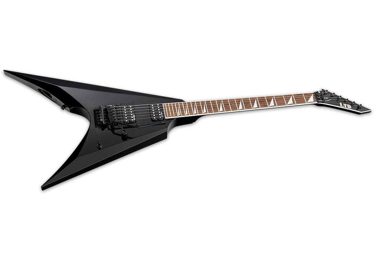 ESP LTD Arrow-200 elgitarr i svart finish med Floyd Rose-tremolo och dubbla humbucker-mikrofoner.