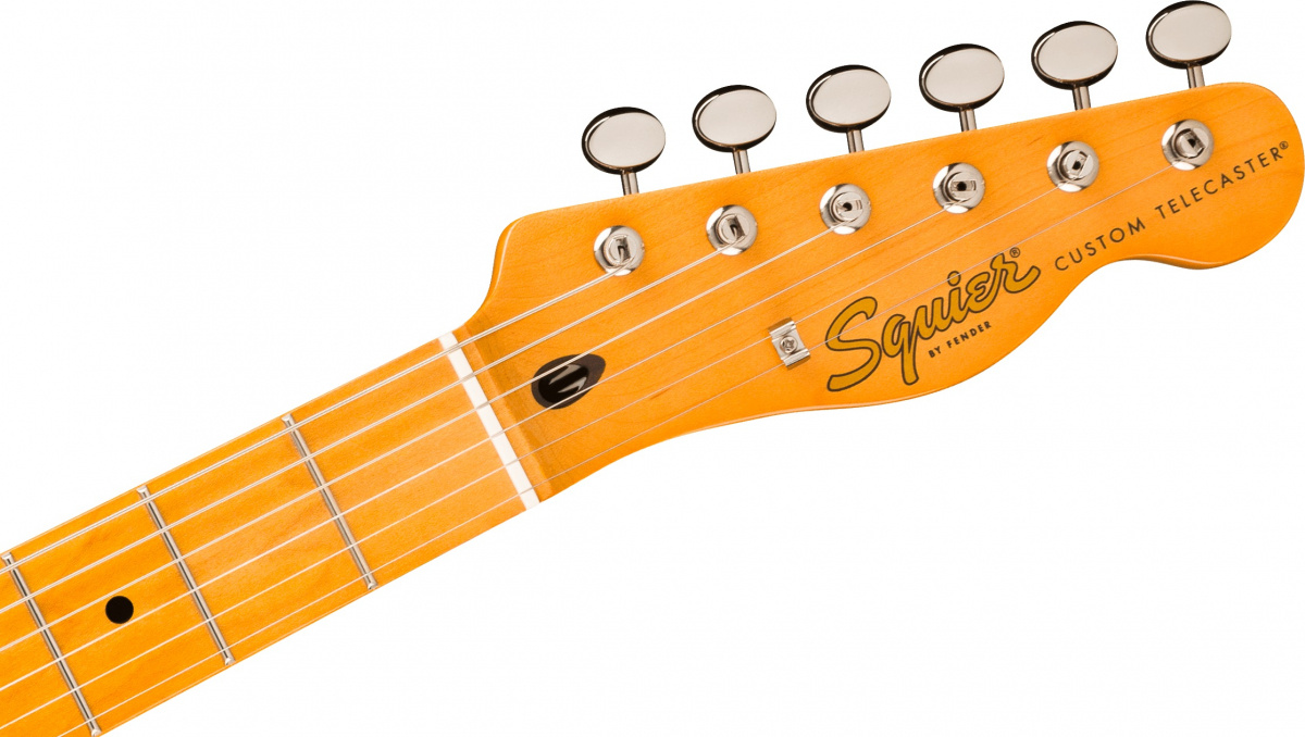 Huvudet på en Squier Classic Vibe Custom Telecaster i Sheerwood Green finish