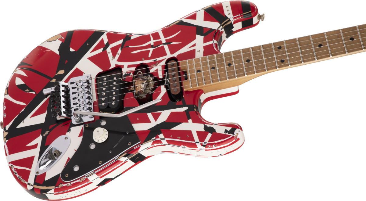 N�rbild p� kroppen av en EVH Striped Series Frankenstein Frankie elgitarr