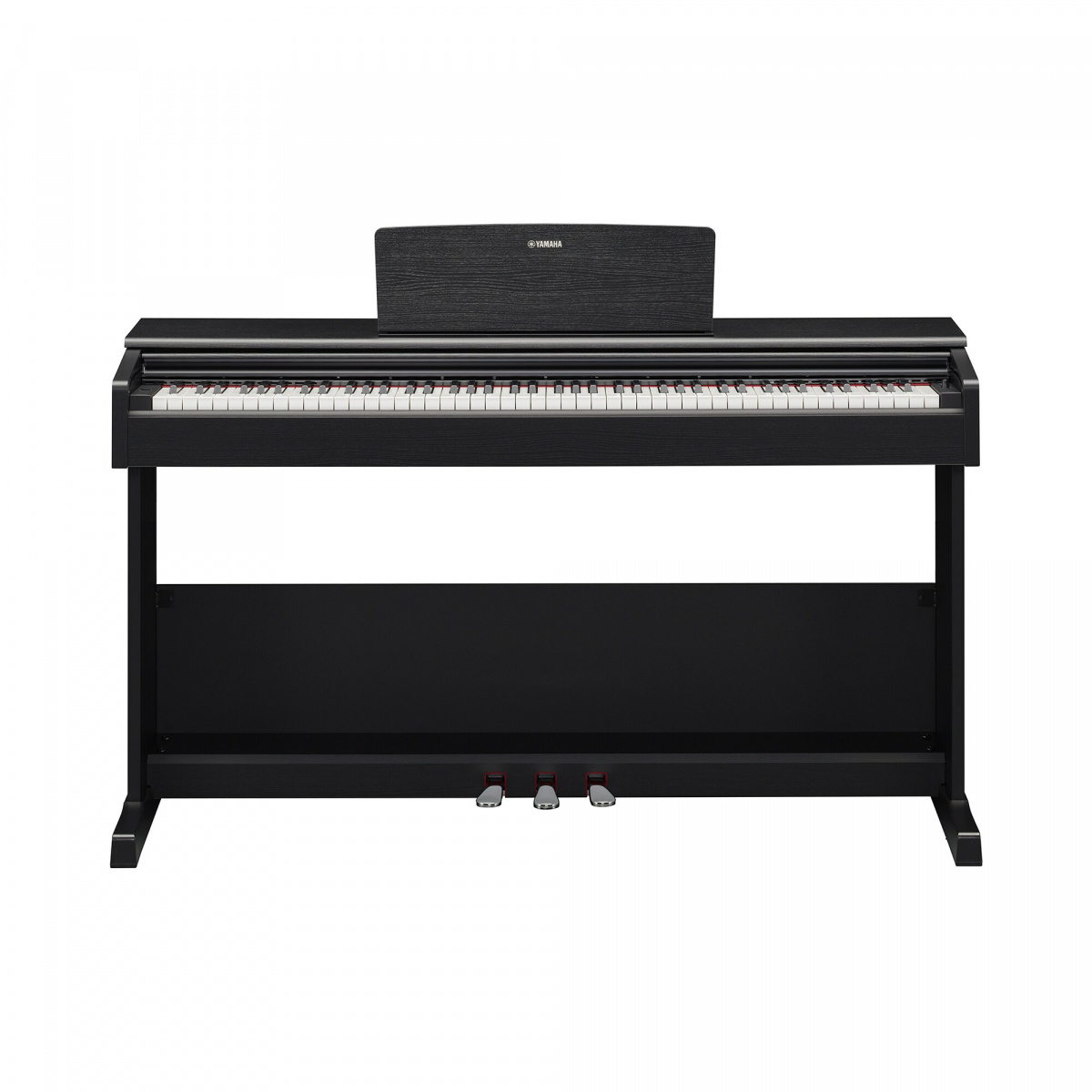 Framsida av svart Yamaha YDP-105 digitalpiano med tre pedaler