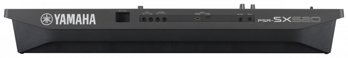Baksidan av en Yamaha PSR-SX620 workstation keyboard